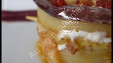 Noix de Saint Jacques en manteau d'aubergine, chèvre frais et chorizo