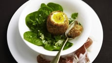 Œuf de poule frit au pain d'épices, copeaux de pata negra, vinaigrette d'herbes