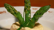Petit flan d'asperges de Blaye et émulsion de noisettes torréfiées