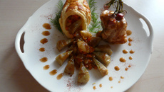 Lotte au chorizo au coulis d'astacus astacus, (Ecrevisses) Farigoulette d'artichauts