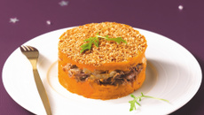 Parmentier croustillant de patates douces et de confit de canard aux pommes et oignons