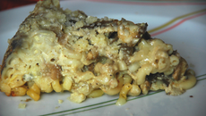 Gratin de coquillettes, aubergines, bleu et noix