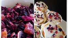 Muffins cœur de fruits, fleurs et chocolat blanc