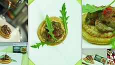 Tartelettes fines, fromage frais tomaté et champignons aux aubergines en souvenir d'une soirée Cassegrain