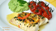 Dos de cabillaud rôti au beurre d'agrumes et poivre de Timut, purée de petits pois à la menthe