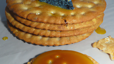 Bleu de Gex Haut-Jura au caramel de miel sur crackers au cumin