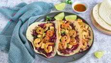 Tacos aux crevettes grillées et salade de chou rouge