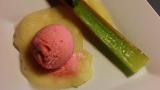 Feuillantine de compotiers de rhubarbe et son sorbet au genièvre