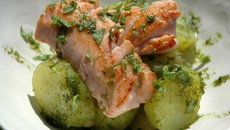 Salade tiède de pomme de terre, vinaigrette à l'oseille et saumon mi-cuit