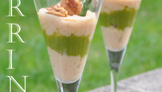 Verrine printanière de légumes et sa brochette croustillante de Saint Jacques