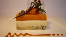 Entremet aux abricots vanillés, caramel et grué de cacao