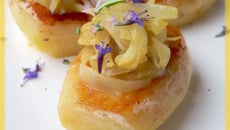 Pommes de terre fondantes, compotée d'oignon anchois et moutarde