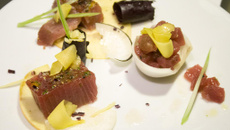 Déclinaison de thon et fines découpes de légumes et fruits