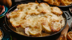 Gratin de pommes de terre, oignons, blanc de poulet et raclette