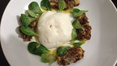 Frites de roquefort panure de noix, mousse de soja, jus de la passion