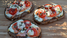 Tartines au saumon fumé, tomates cerise, mozzarella et estragon