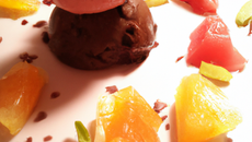 Gelée de Campari, agrumes et sorbet cacao