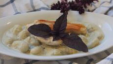 Gnocchi sauce basilic pourpre et poulet rôti