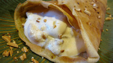 Crêpe de petit épeautre, mousseline de faisselle, poire et noisette