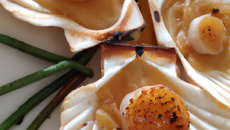 Coquilles Saint Jacques pochées, feuilleté aux noisettes et Dubarry caramélisé