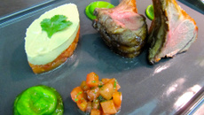 Côtes d'agneau rôties, tortellini de chèvre,calisson d'aubergine et tomate, harissa douce de Frédéric Doucet