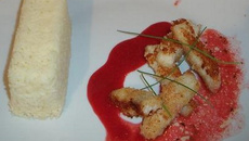 Petites briques de poisson blanc aux deux sauces de merises & son riz au safran rouge