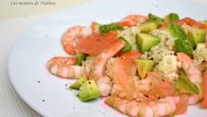 Risotto au saumon fumé, crevettes et avocat, feta et citron vert...
