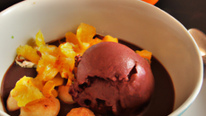Soupe d'agrumes au thé Bergamote, Sorbet chocolat amer