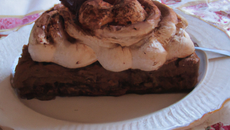 Gâteau chocolat marron sur un lit de crème anglaise