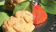 Huîtres d'Arcachon Cap-Ferret panées aux noix du Périgord, crème purée de petits pois à l'estragon et tomates Raf cuisinées