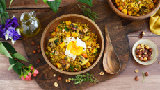 Sauté de Petit Épeautre du Velay au potimarron, champignons et noisettes