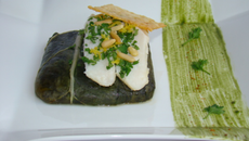 Effeuillé de cabillaud poêlé, sur une papillote de blettes au pur Brebis des Pyrénées et piment d'Espelette, et tuile croustillante