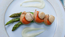 Saint Jacques sur lit d'asperges, crémeux de panais
