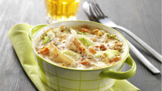 Gratin de sole et crevettes grises au cidre