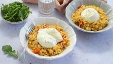 Risotto d’orzo aux tomates cerises confites et burrata