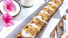 Tube croustillant aux fruits exotiques et émulsion à la noix de coco