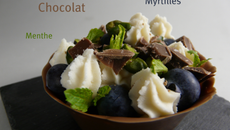 Tartelette en coque de chocolat myrtilles, pistaches, menthe