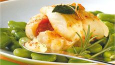 Rôti de cabillaud aux fèves tièdes