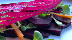 Feuilleté de légumes bio, salade à la vinaigrette de betterave