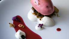 Pétales de cassis, glace au pain d'épices, coulis de vin rouge