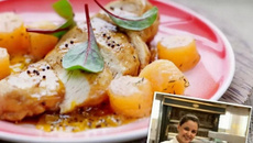 Suprême de volaille fermière, melon de Guadeloupe en chutney et melon de Guadeloupe rôti à la verveine, tombée des jeunes pousses de moutarde