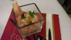 Verrine de scampis sauce coco gingembre curry de madras