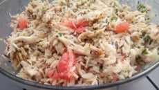 Salade tiède de raie au riz sauvage pamplemousse et champignons de Paris