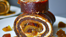 Gâteau roulé au caramel de fruits secs au chocolat et poudre de nougatine