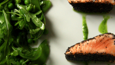 Saumon mi-cuit en croûte de pavot, salade très verte parfumée au wasabi