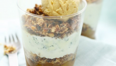 Crumble aux noix, pommes-poires en chutney, mousse au bleu et glace au miel