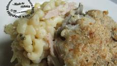 Gratin de pâtes aux côtes de blettes aillées, mascarpone et jambon