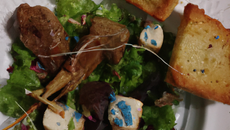 Croutons de chèvre frais au pavot bleu et sa salade au magret de canard fumé