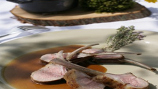 Carré d'agneau fumé au serpolet des claparèdes, rôti en cocotte de fonte une légère infusion de thym citronné argenté