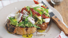 Tartine à l'avocat, poulet grillé et tomates séchées